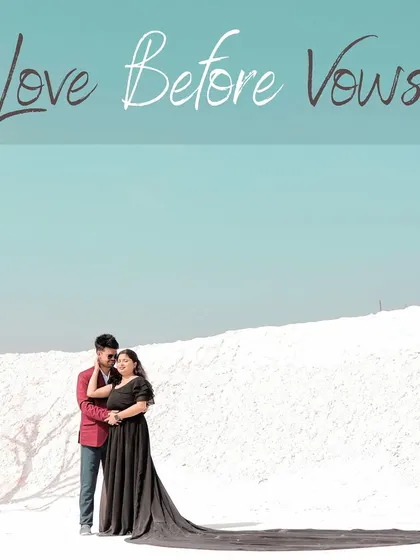 A simple yet powerful portrait on our white sand set, with the phrase "Love Before Vows" perfectly capturing the essence of a pre-wedding shoot.
