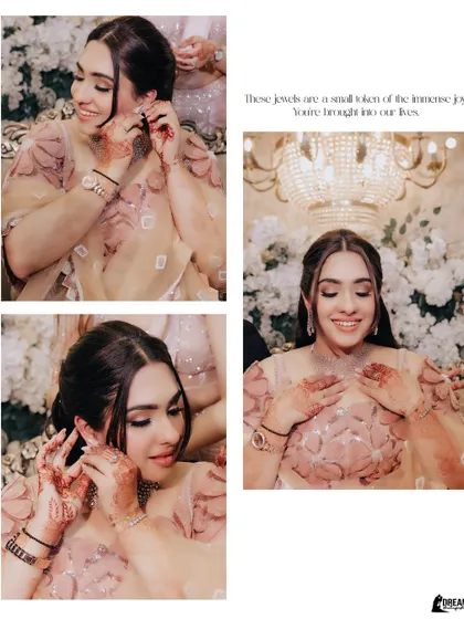 A beautiful collage of bride Vanshika getting ready for her Roka, showing the details of her jewelry and makeup.