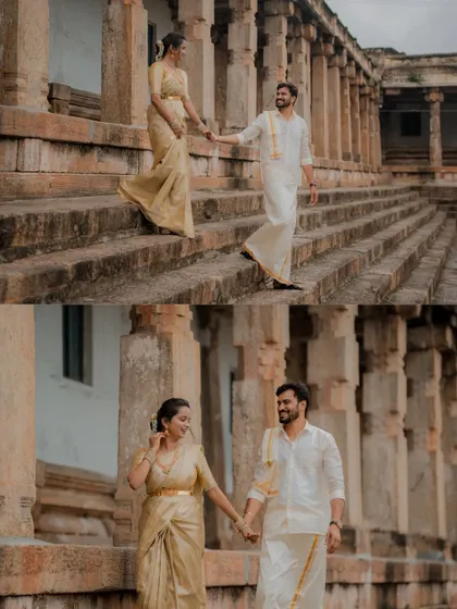A couple walking down the stone steps of a temple, hand in hand. This shot symbolizes their journey together, rooted in tradition and blessed by heritage.
