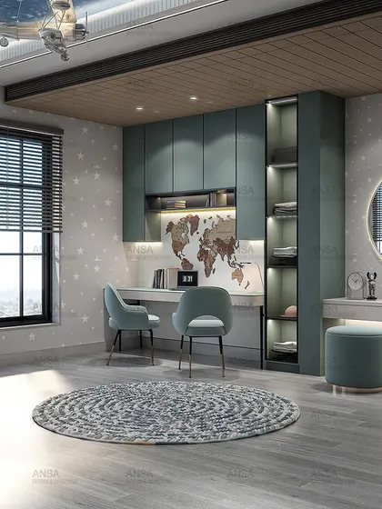 A dreamy and functional kids' room. This design includes a built-in study area, a vanity, and a cozy swing chair, all tied together with a soothing teal and grey color scheme and a world map for inspiration.