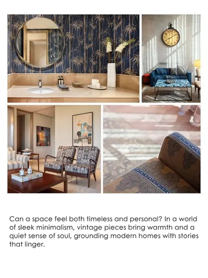 A collage illustrating the use of vintage pieces in modern homes, from patterned armchairs to classic bathroom details.