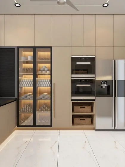 This 3D design showcases a tall pantry with glass doors and internal lighting, placed next to the built-in appliance tower for a cohesive and highly functional storage wall.