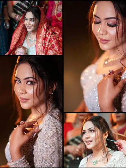 A collage of bridal moments, from a traditional ceremony look to close-ups of her makeup and jewelry. This collection showcases the different facets of her bridal beauty throughout the day.