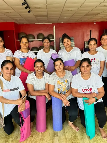 Our yoga crew, ready for a session. Having your own mat is great, but all you really need is the willingness to practice.
