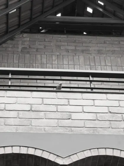 A visitor perches on the balcony railing, a small detail that brings the architectural form to life. The textures of the brick and the structure of the roof are prominent in this shot.