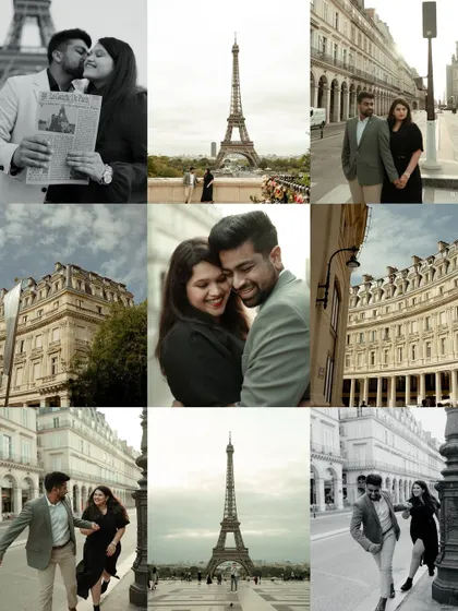 This collage captures the essence of a romantic day in Paris, from grand landmarks to quiet city streets, telling a complete visual story.