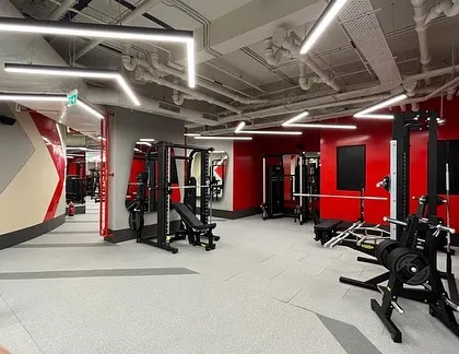 The free weights and strength training area is designed with a raw, industrial aesthetic. The grey flooring and exposed ceiling are punctuated by vibrant red walls, creating a focused and intense workout environment.