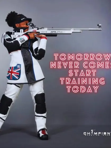 Tomorrow never comes. Start training today. A motivational graphic featuring a professional rifle shooter in full gear.