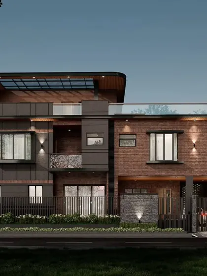 The Prestige Great Acres villa rendered at night. The lighting design focuses on the brick texture and the underside of the roof projections, adding drama and highlighting the home's contemporary structure.
