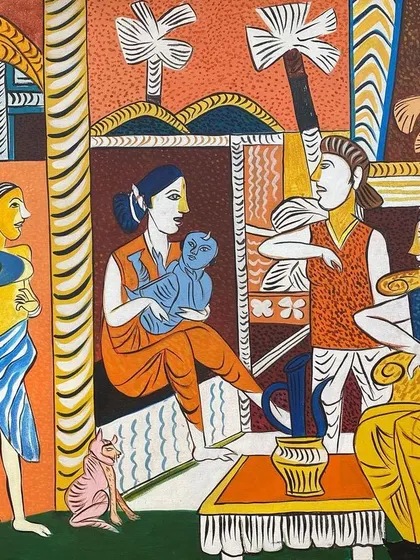 The full view of K.G. Subramanyan's acrylic on canvas. The scene, with its elongated forms and rich patterns, is a hallmark of his fabulist style, creating a fully realized world that is instantly recognizable as his own.