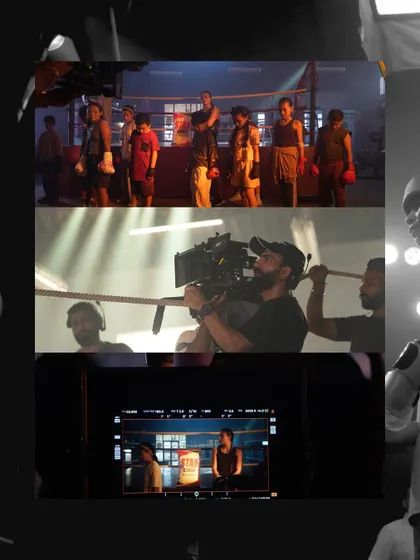 A collage of behind-the-scenes moments from the Star Cement shoot, showing the camera crew, monitors, and the on-set atmosphere our lighting helped create.