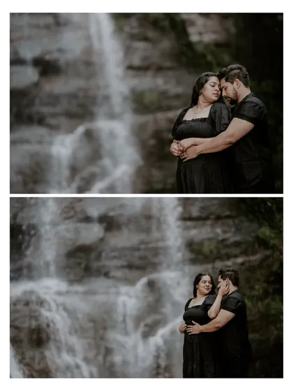 A two-panel collage of the couple embracing in front of a waterfall.