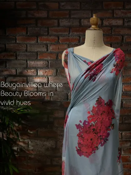 Bougainvillea, where beauty blooms in vivid hues. This light blue version of my custom-printed satin fabric offers a softer, more ethereal option.