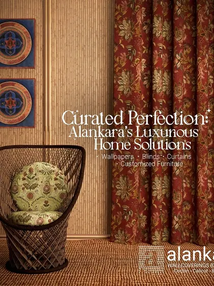 This image showcases a room with traditional decor, where a richly patterned red curtain is paired with a textured, bamboo-style wallpaper for a curated, luxurious feel.