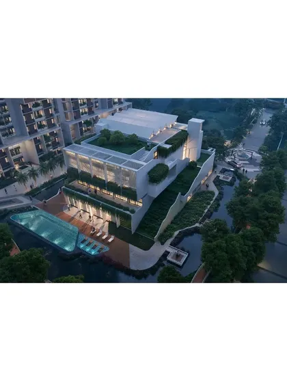 The clubhouse for 'Poetry of Earth' is seamlessly integrated into the landscape, with green roofs and terraced gardens. This night view highlights the infinity pool and outdoor decks, which provide residents with resort-style amenities.