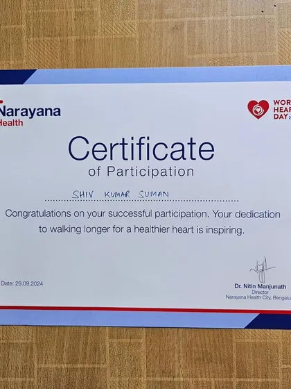 Recognition for our contribution to the Narayana Health World Heart Day Walkathon. This certificate of participation highlights our dedication to promoting a healthier lifestyle in the community.