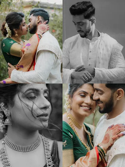 A collage presenting different facets of a traditional couple shoot. It includes intimate close-ups, individual portraits, and romantic moments, offering a complete story in one frame.
