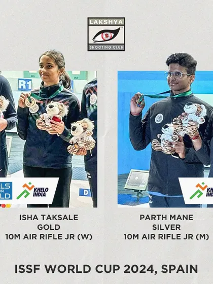 A double podium finish at the ISSF World Cup in Spain. Isha Taksale won Gold in the 10m Air Rifle Junior Women's event, while Parth Mane secured Silver in the Men's Junior event, a testament to their consistent hard work.