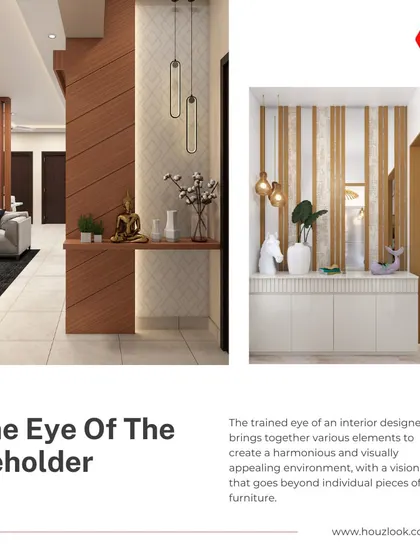 The trained eye of an interior designer brings together various elements to create a harmonious environment. This foyer design shows how lighting, texture, and decor can be combined for a stunning first impression.