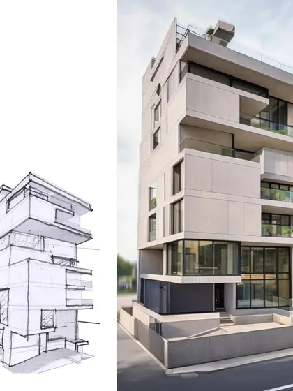 Another view of the sketch to render process for option 1, focusing on the stacked volumes.