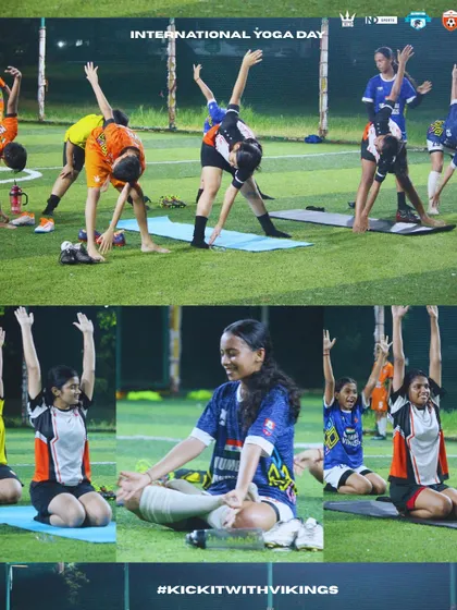 The girls' squad participating in a yoga session, demonstrating their commitment to all aspects of athletic development.