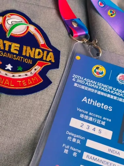 A close-up of my Karate India Organisation (KIO) national team patch and my athlete ID for the Asian Championship. These are badges of honor.