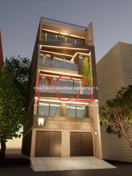 An angled 3D visualization of the Mukherjee Nagar residence at dusk, showing the building's form and the warm glow of its lighting.