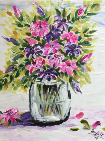 An expressive floral painting in a glass vase, created with a palette knife and brushes for a textured effect.