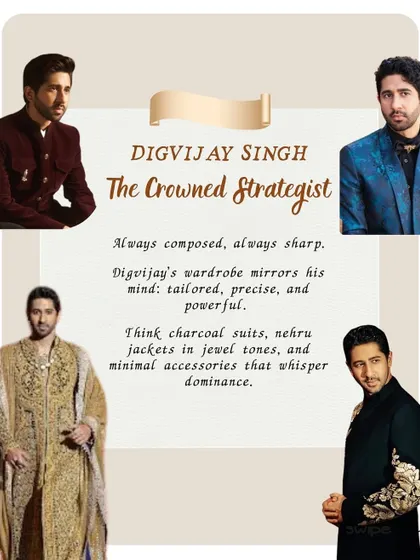 Digvijay Singh is The Crowned Strategist. His wardrobe mirrors his mind: tailored, precise, and powerful. Think charcoal suits and jewel-toned Nehru jackets that whisper dominance.