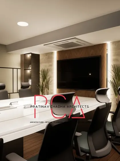 A close-up render of the media wall and shelving in the Narela conference room.