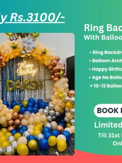 Promotional offer for a Ring Backdrop with Balloon Standee for Rs. 3100.