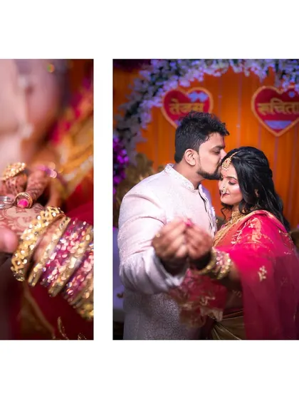 A three-photo story of the ring exchange. It moves from the close-up of the rings to a tender kiss on the forehead, capturing the emotion of the moment.