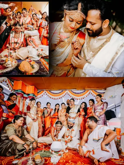This collage is a perfect summary of a wedding ceremony, showing family group photos, intimate couple moments, and the overall festive environment.