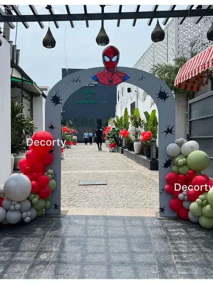 The Spider-Man entrance archway, creating an exciting entry point for the superhero-themed party.