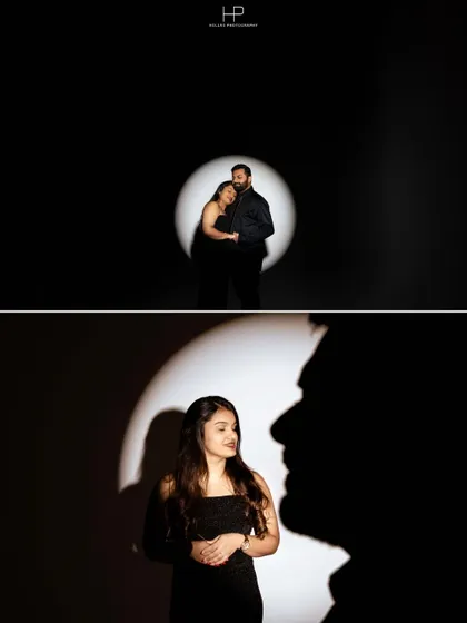 A collage showcasing dramatic spotlighting in a dark studio. This technique creates a high-contrast, intimate mood, perfect for modern and artistic couple portraits.