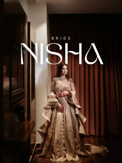 A full-length portrait of the bride, her name elegantly overlaid. Her unique, ruffled gown and confident stance make for a stunning and modern bridal shot.