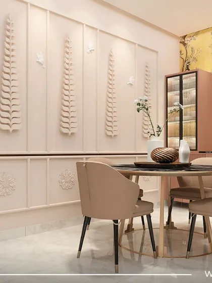 The dining area in the 'Sobha Daisy' home. The design features a beautiful peacock-themed wallpaper and elegant wall paneling, creating a sophisticated and artistic atmosphere.
