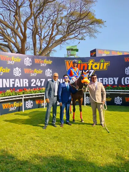 Tripitaka, with jockey P. Trevor, after winning The Indian Republic Trophy.