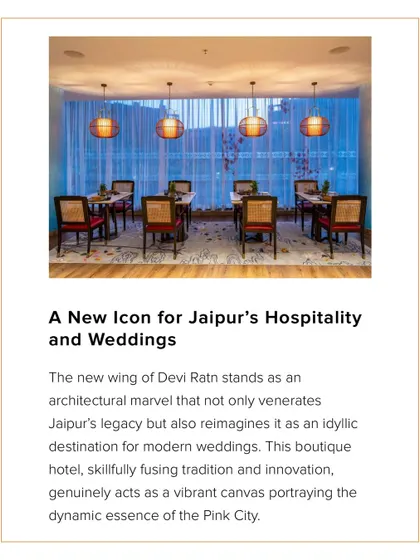 Commercial Design magazine featured our Devi Ratn project, describing it as an architectural marvel that reimagines Jaipur's royal heritage for modern hospitality and weddings.