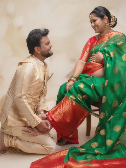 When a moment like this unfolds, it’s pure magic. The grace in her smile and the love in his eyes create a timeless memory in traditional attire.