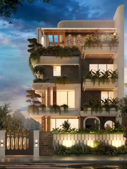 This 3D visualization showcases our approach to transforming a compact plot into an iconic, multi-level bungalow. We designed a flowing facade and integrated green terraces to create a home that feels both expansive and warm, embodying modern luxury.