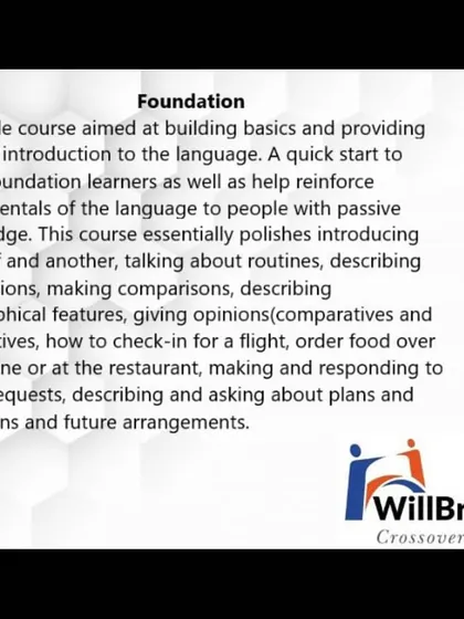 An introduction to my Foundation course. This program is designed to build the basics, covering essential skills like introductions, describing routines, ordering food, and making polite requests.