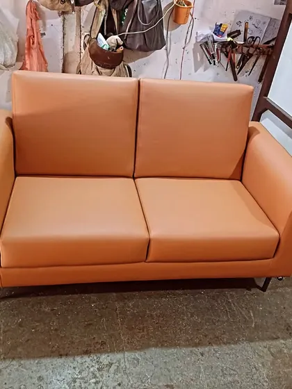 Another view of the tan office sofa, showing its sturdy construction and quality upholstery work. I can make these in any size or colour to fit your office decor.