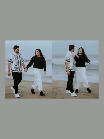 A duplicate image of a couple's beach walk, presented in a simple, clean layout for their pre-wedding collection.