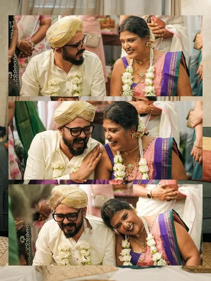 Candid moments from my wedding, filled with laughter and love. I designed all our outfits, from my custom saree blouse to my husband's and son's traditional wear, ensuring every detail was personal and perfect for our special day.