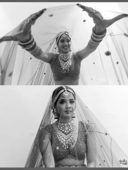 Playful and elegant black and white portraits of the bride with her veil, capturing her joyful spirit.