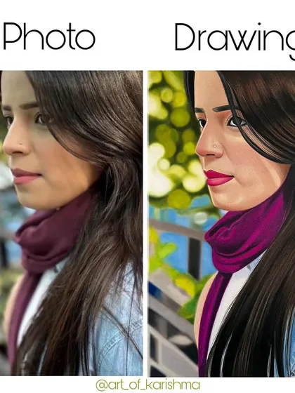 Reference versus artwork. This comparison shows how I can take a simple photo and turn it into a vibrant, detailed color portrait with a unique artistic feel.