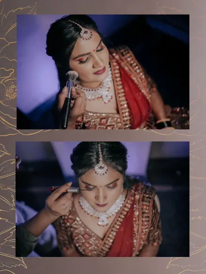 A collage showing the intricate process of bridal makeup application for the reception.