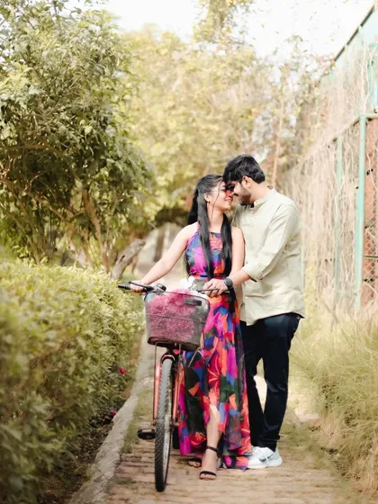 A romantic pre-wedding photo taken along one of our green pathways. The lush foliage provides a beautiful, natural frame for the couple.