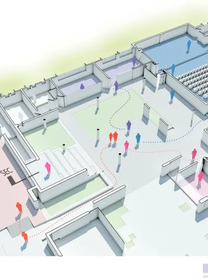 An axonometric view of the Karunashraya training center, illustrating the flow of movement through the central open area. The design encourages informal interactions and flexible use of space.